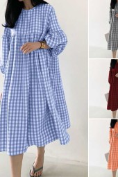 Chic Autumn Check Midi Sleeve Dress – Casual Robe