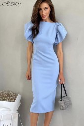 Chic Blue Ruffle Sleeve Midi Dress for Summer