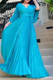 Pleated Wraped Vneck Flare Sleeve Big Swing Floor Length Maxi Long Autumn Winter Prom Dress