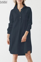 Autumn Elegant Dress Full Sleeve Lapel Neck Solid Work Ol Loose Sundress Casual Vintage Robe