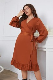 Plus Size Long Lantern Sleeve Swing Midi Dress Neck Wrap Belted Line Ruffle Trim Tie Side Robe Solid