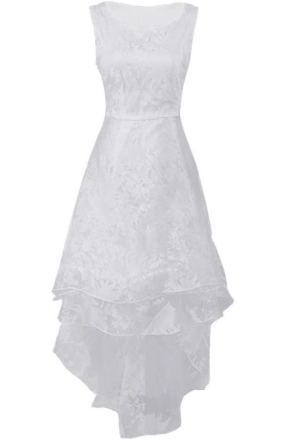 Elegant White Lace Mesh High-Low Party Dress with Delicate Ruffles