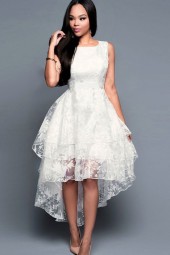 Elegant White Lace Mesh High-Low Party Dress with Delicate Ruffles