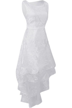 Elegant White Lace Mesh High-Low Party Dress with Delicate Ruffles