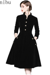 Elegant Black Velvet Winter Retro Coat Dress 