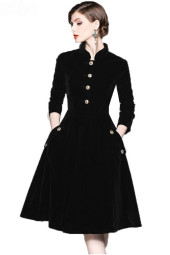Retro Velvet Mandarin Collar Long Sleeve A-Line Dress