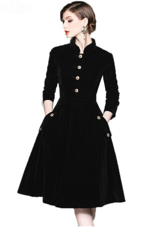 Retro Velvet Mandarin Collar Long Sleeve A-Line Dress
