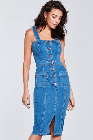 Denim Spaghetti Strap Sleeveless Plus Size Pencil Midi Dress