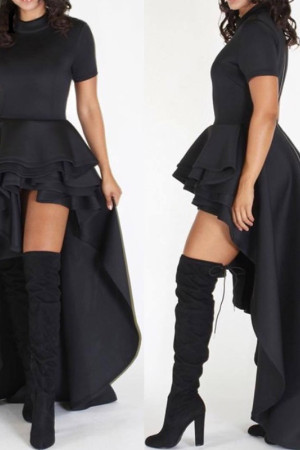 Layered Ruffle Short Sleeve High-Low Plus Size Dress