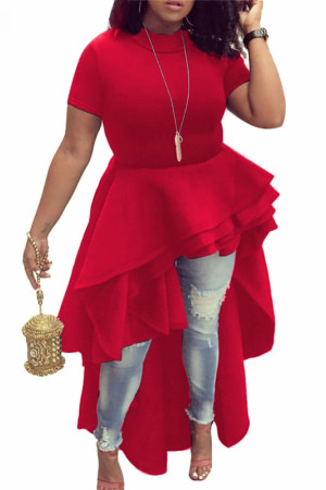 Layered Ruffle Short Sleeve High-Low Plus Size Dress