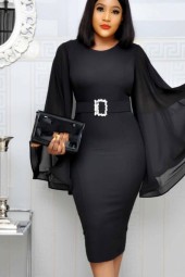 Elegant Black Office Chiffon Flare Long Sleeve Party Dress