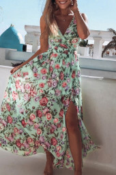 Floral Chiffon Spaghetti Strap V-Neck Split Maxi Dress