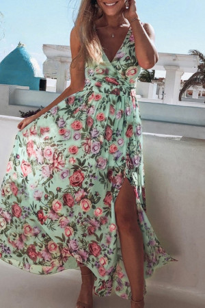Floral Chiffon Spaghetti Strap V-Neck Split Maxi Dress