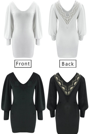 Lace Open Back Lantern Sleeve V-Neck Bodycon Midi Dress