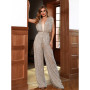 Sequin Deep V-Neck Open Back Loose Jumpsuit