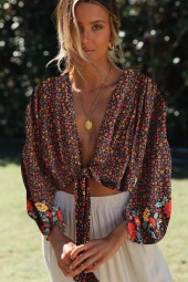 Vibrant Black Floral Rayon Bohemian Blouse Shirt Bow Crop Top Long Sleeve Boho Beach Robe Coverup