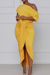 Chic Skew Neck Maxi Dress: Draped Sheath, Short Sleeve, Summer