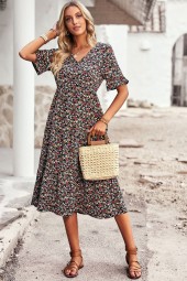 Floral Summer Dress: Neck Elegant Short Sleeve High Waist Line