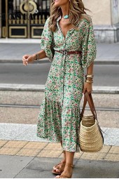 Floral Boho Vneck Dress with Button Detail and Slit Ruffles