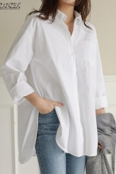 Vintage Long Sleeve Solid Cotton Blouse Oversized Casual Work Shirt