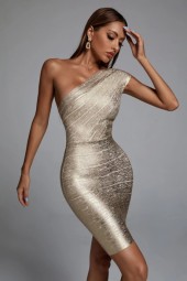 Golden Goddess One Shoulder Bandage Club Dress