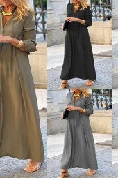 Elegant And Fashionable Solid Vneck Patchwork Sleeved Temperament Commuting Simple Casual Long Shirt Dress