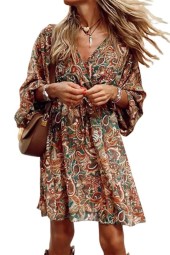 Mid Waist Drawstring Bohemian Style Dress Neck Pullover Loose Dressy Casual Sevenquarter Sleeve Short Gown