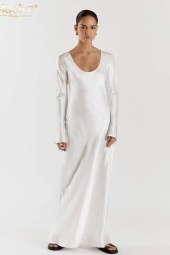 Slim White Satin Bodycon Uneck Long Sleeve Ankle Length Elegant Simple Dress