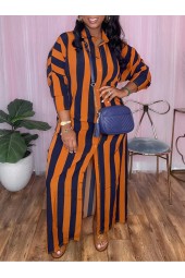Lw Basics Plus Size Turndown Collar Striped Casual Breasted Oversized Maxi Robe Side Split Ankle Length Shirt Dress