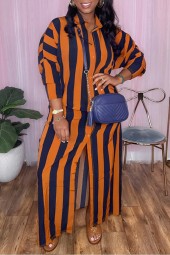 Lw Basics Plus Size Turndown Collar Striped Casual Breasted Oversized Maxi Robe Side Split Ankle Length Shirt Dress