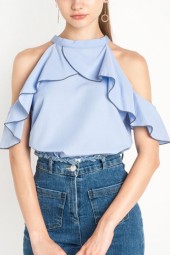 Elegant Light Blue High Neck Cold Shoulder Ruffled Blouse