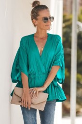 Teal Enchantment: Wrap Peplum Bat Sleeve V Neck Casual Blouse