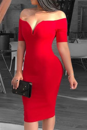 Deep V-Neck Off Shoulder Bodycon Sheath Midi Dress