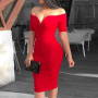 Deep V-Neck Off Shoulder Bodycon Sheath Midi Dress