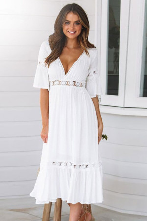 Lace-Up V-Neck Hollow Out Boho Long Dress