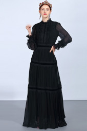 Vintage Lace Patchwork Ruffle Long Sleeve Maxi Dress