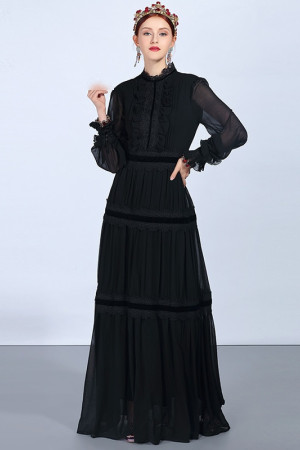 Vintage Lace Patchwork Ruffle Long Sleeve Maxi Dress