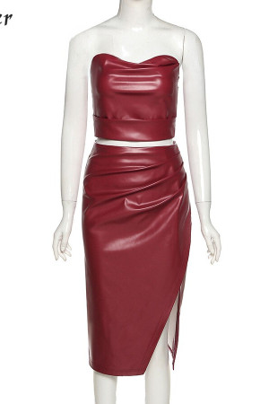 Faux Leather Tube Top and Skirt Two Piece Set