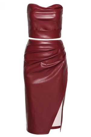 Faux Leather Tube Top and Skirt Two Piece Set