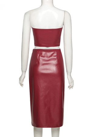 Faux Leather Tube Top and Skirt Two Piece Set