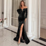 Off Shoulder Sequin Long Sleeve High Split Maxi Dress