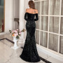 Off Shoulder Sequin Long Sleeve High Split Maxi Dress