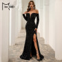 Off Shoulder Sequin Long Sleeve High Split Maxi Dress