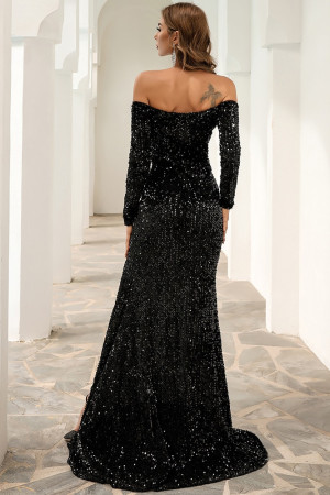 Off Shoulder Sequin Long Sleeve High Split Maxi Dress