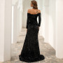 Off Shoulder Sequin Long Sleeve High Split Maxi Dress