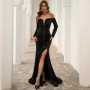 Off Shoulder Sequin Long Sleeve High Split Maxi Dress