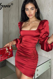 Square Neck Lantern Sleeve Ruched Satin Bodycon Mini Dress