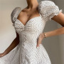 Polka Dot Puff Sleeve High Waist Boho Midi Dress