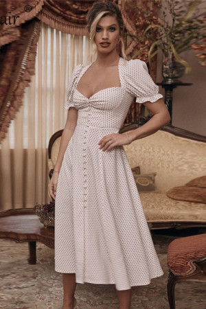 Polka Dot Puff Sleeve High Waist Boho Midi Dress
