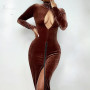 Velvet High Neck Hollow Out Long Sleeve Bodycon Maxi Dress